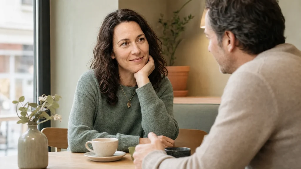 Mara führt bei einem ruhigen ersten Date ein aufmerksames Gespräch
