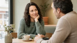 Mara führt bei einem ruhigen ersten Date ein aufmerksames Gespräch
