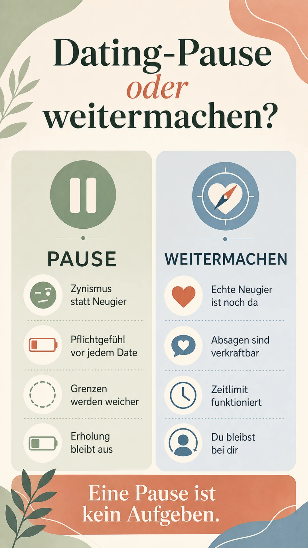 Entscheidungshilfe mit Anzeichen für eine Dating-Pause und Voraussetzungen zum Weitermachen