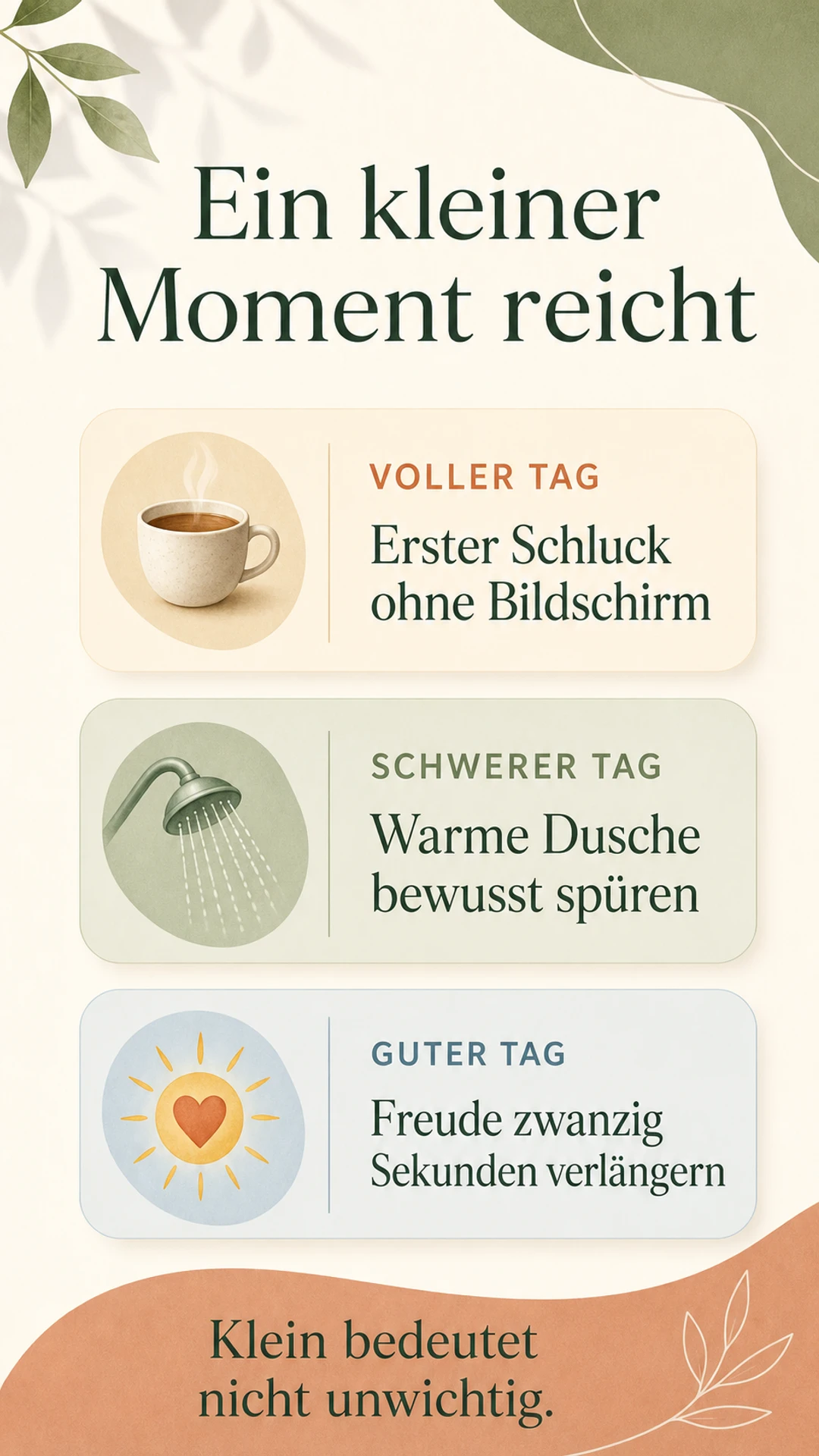 Beispiele für einen kleinen bewussten Moment an vollen, schweren und guten Tagen