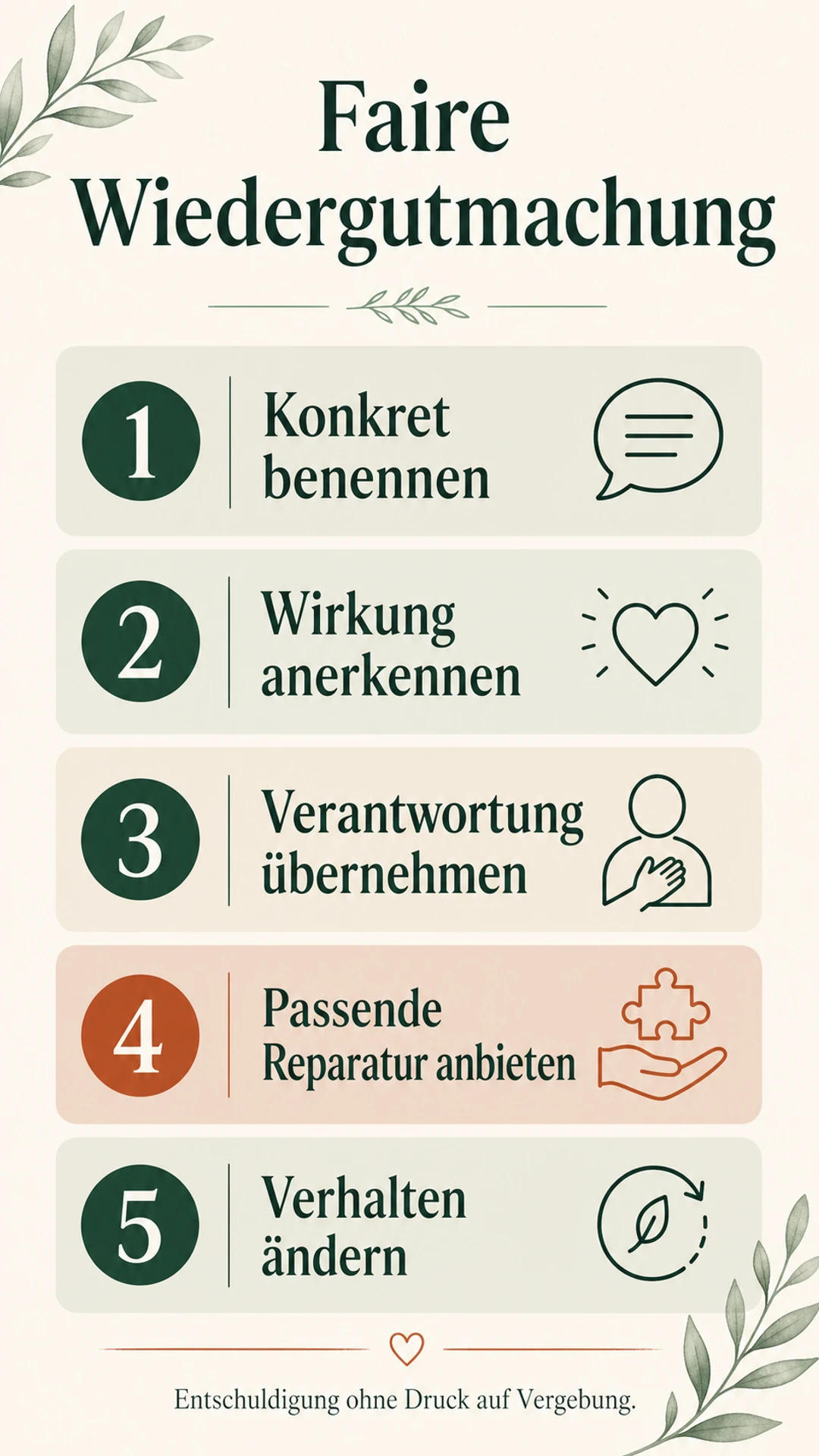 Infografik mit fünf Schritten fairer Wiedergutmachung