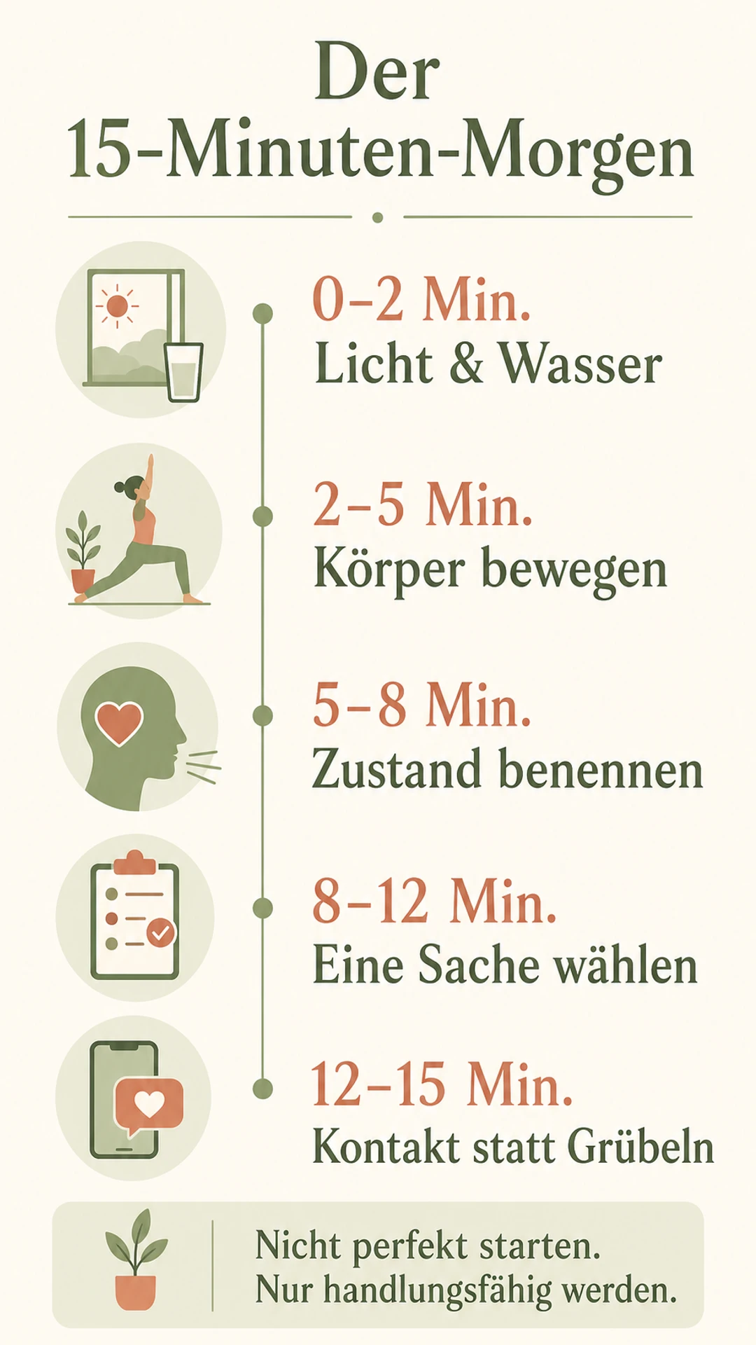 15-Minuten-Plan mit Licht, Wasser, Bewegung, Benennen, einer Aufgabe und Kontakt