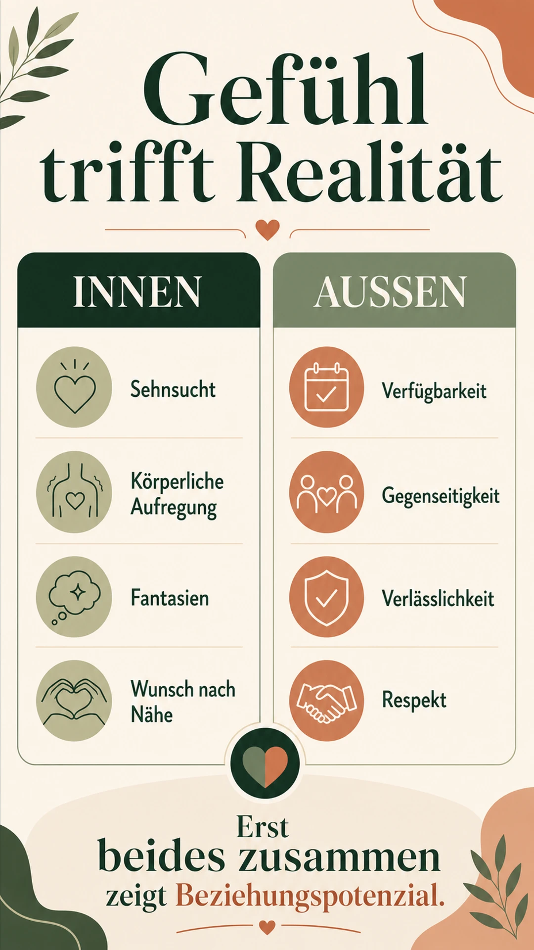 Verliebtsein erkennen: 8 Anzeichen & Realitätscheck Infografik: Gefühl innen und beobachtbare Realität außen