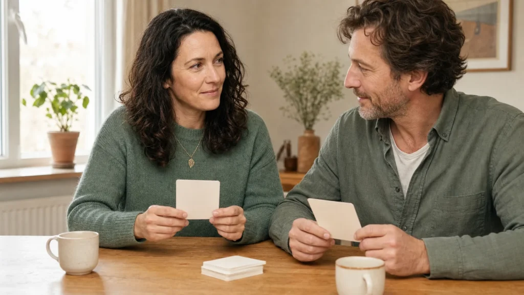 Mara und ihr Partner sprechen bei einem Kartenspiel aufmerksam miteinander