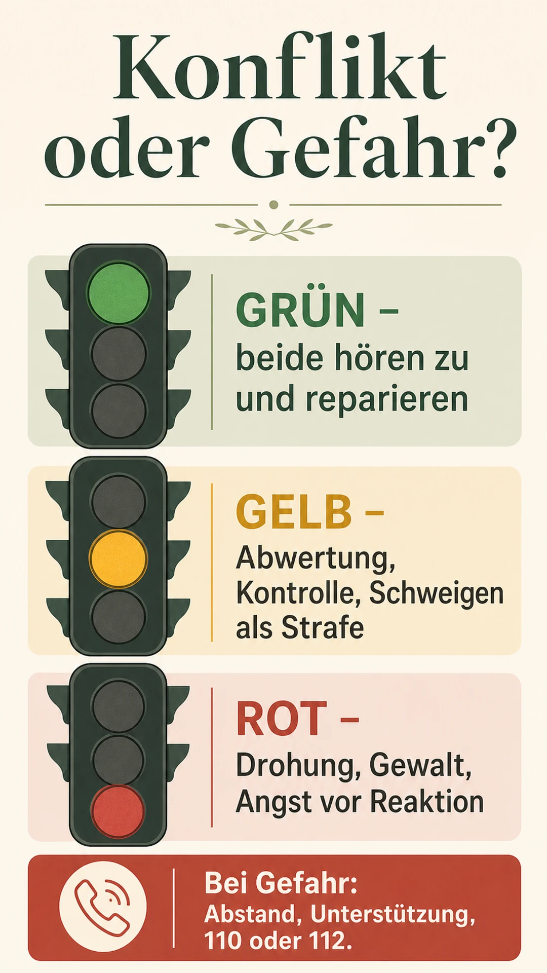 Ampel zur Unterscheidung von reparierbarem Konflikt, schädlichem Muster und Gefahr