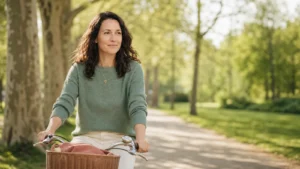 Mara fährt entspannt mit dem Fahrrad durch einen sonnigen Park