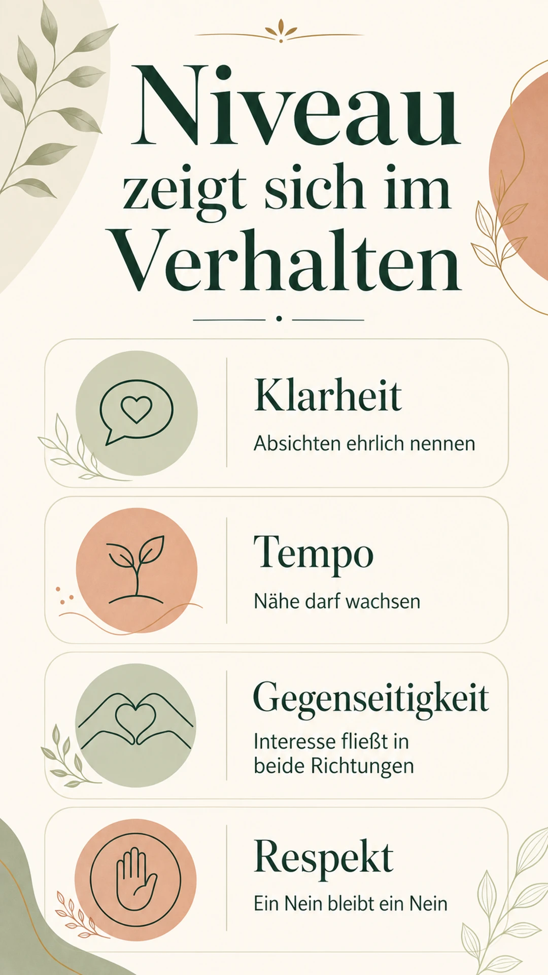 Infografik: Niveau zeigt sich durch Klarheit, Tempo, Gegenseitigkeit und Respekt