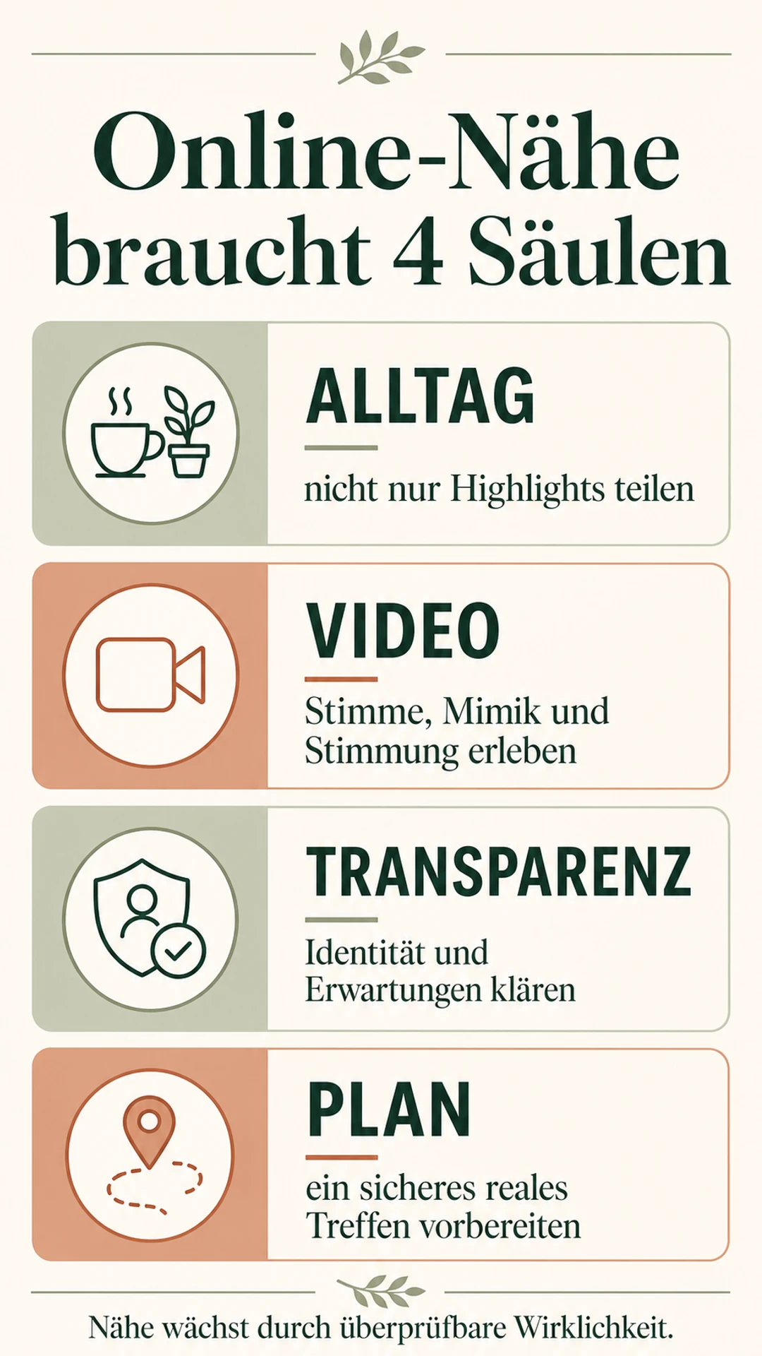 Infografik mit vier Säulen einer Online-Beziehung