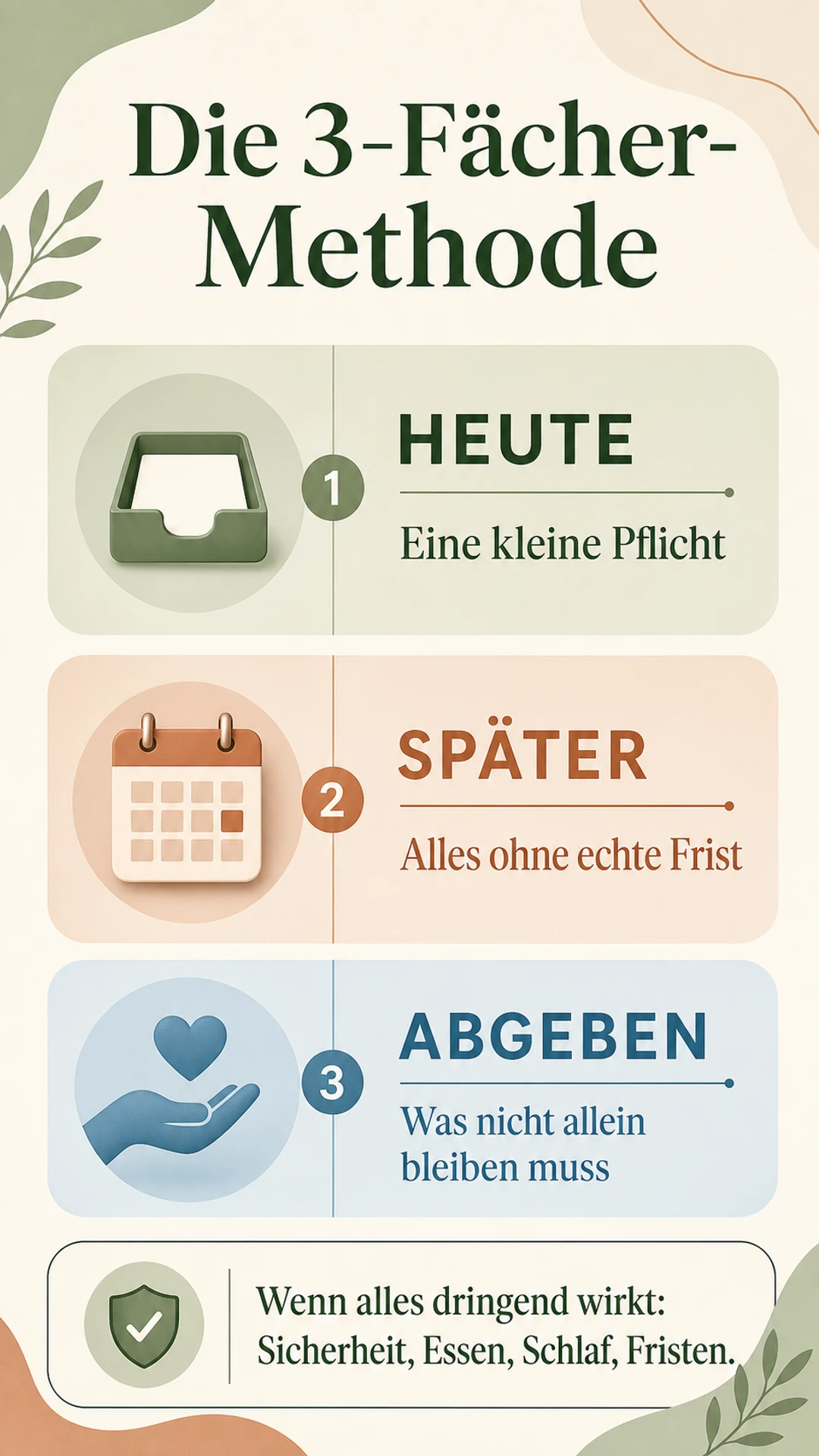 Die 3-Fächer-Methode teilt Aufgaben in heute, später und abgeben