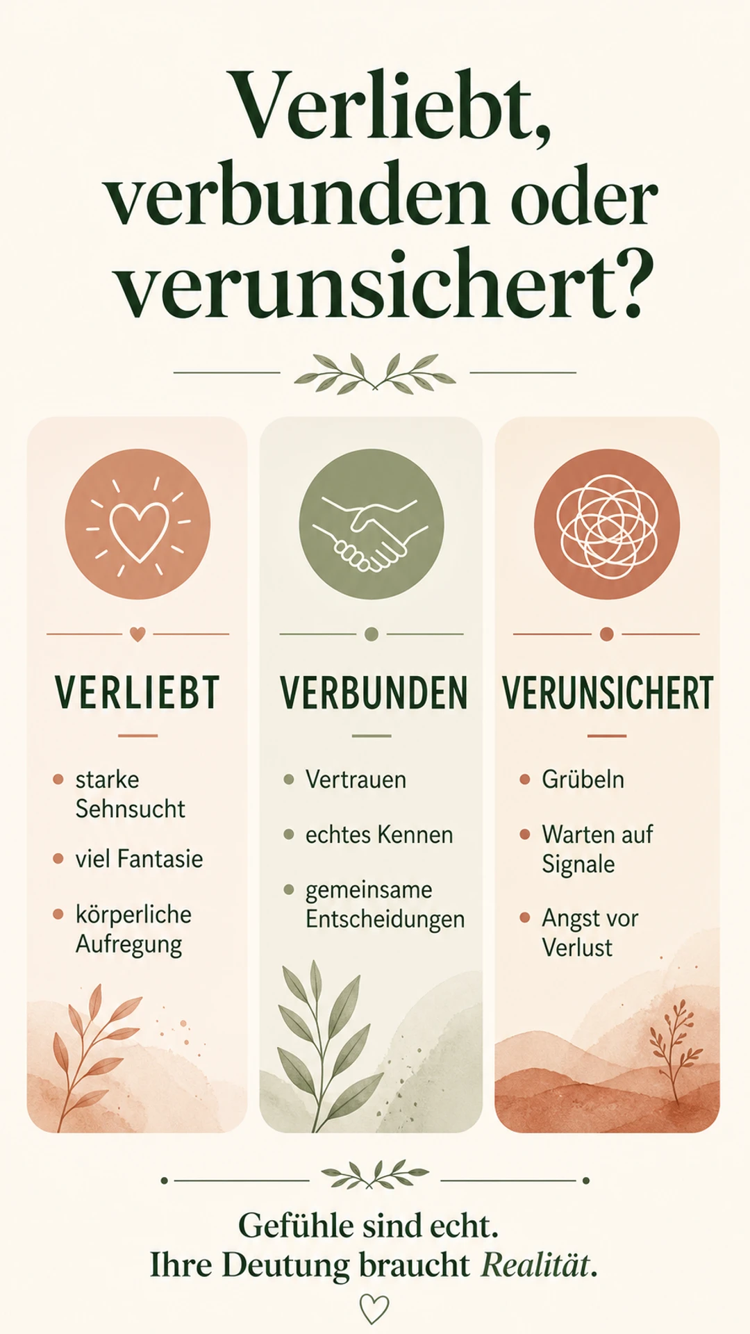 Verliebtsein erkennen: 8 Anzeichen & Realitätscheck Infografik: verliebt, verbunden oder verunsichert