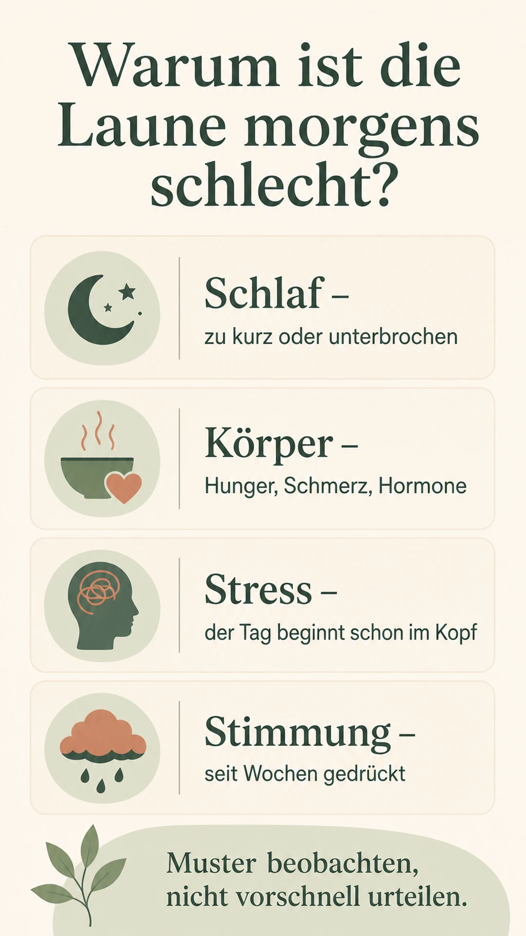 Vier häufige Bereiche hinter schlechter Laune am Morgen: Schlaf, Körper, Stress und Stimmung