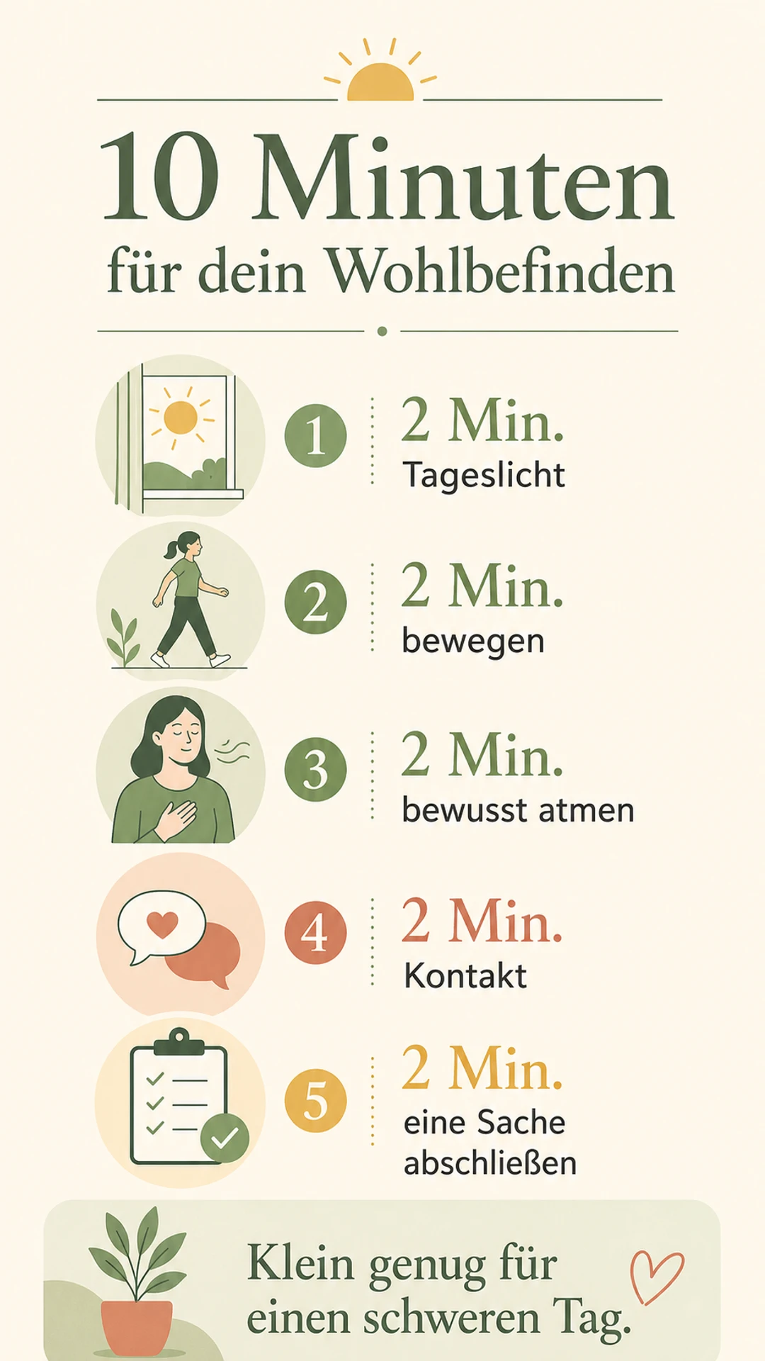 Zehn-Minuten-Mix aus Tageslicht, Bewegung, Atmen, Kontakt und einer abgeschlossenen Sache