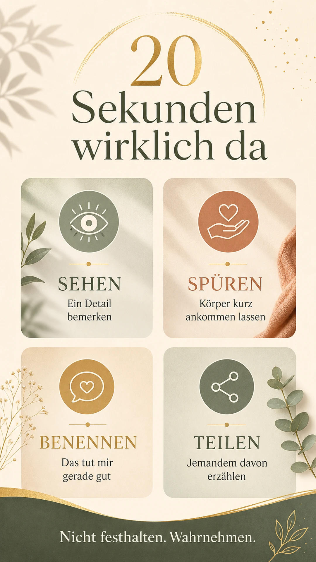 Vier Schritte, um einen kleinen guten Moment zwanzig Sekunden bewusst wahrzunehmen