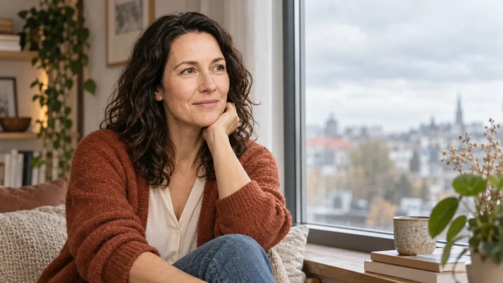 Nachdenkliche Frau am Fenster, die sich Zeit für eine Beziehungsentscheidung nimmt