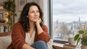 Nachdenkliche Frau am Fenster, die sich Zeit für eine Beziehungsentscheidung nimmt