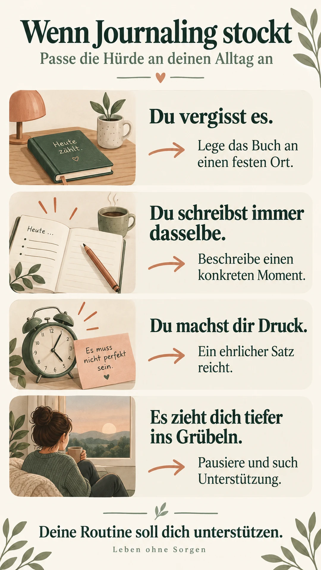 6-Minuten-Tagebuch: Wirkung, Original oder Pur? Journaling-Hürden anpassen: fester Ort gegen Vergessen, konkreter Moment gegen Wiederholung, ein Satz gegen Druck und Unterstützung bei stärkerem Grübeln