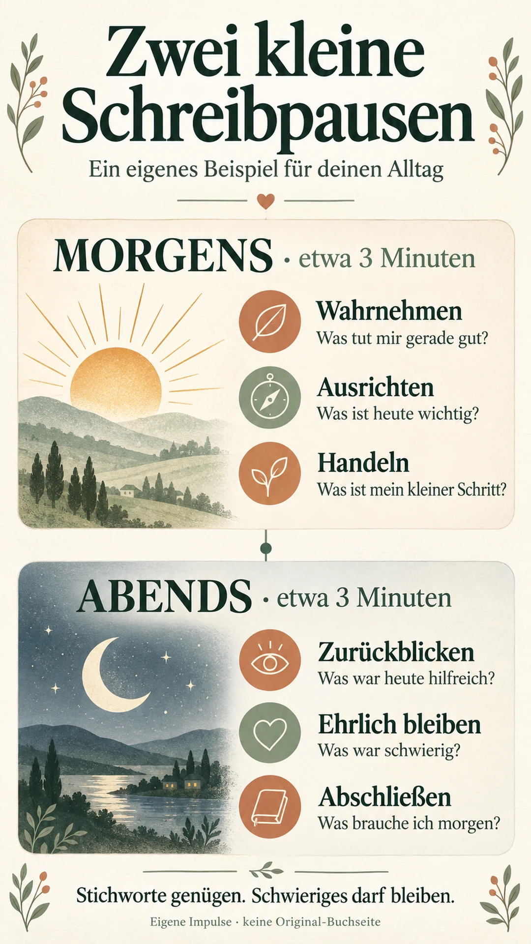 6-Minuten-Tagebuch: Wirkung, Original oder Pur? Zwei Schreibpausen: morgens wahrnehmen, ausrichten und handeln; abends zurückblicken, ehrlich bleiben und abschließen