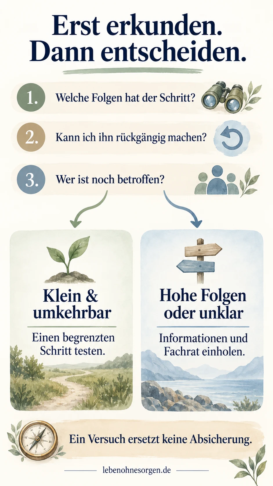 Klarheit im Leben finden: Gedanken sortieren und Entscheidungen treffen Vor einer Entscheidung Kosten, Umkehrbarkeit und betroffene Menschen prüfen; erst erkunden oder fachlich absichern