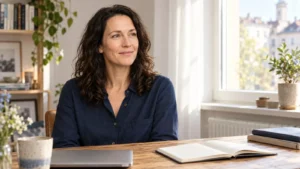 Eine Frau nimmt sich mit einem Notizbuch am Fenster Zeit zum Sortieren ihrer Gedanken