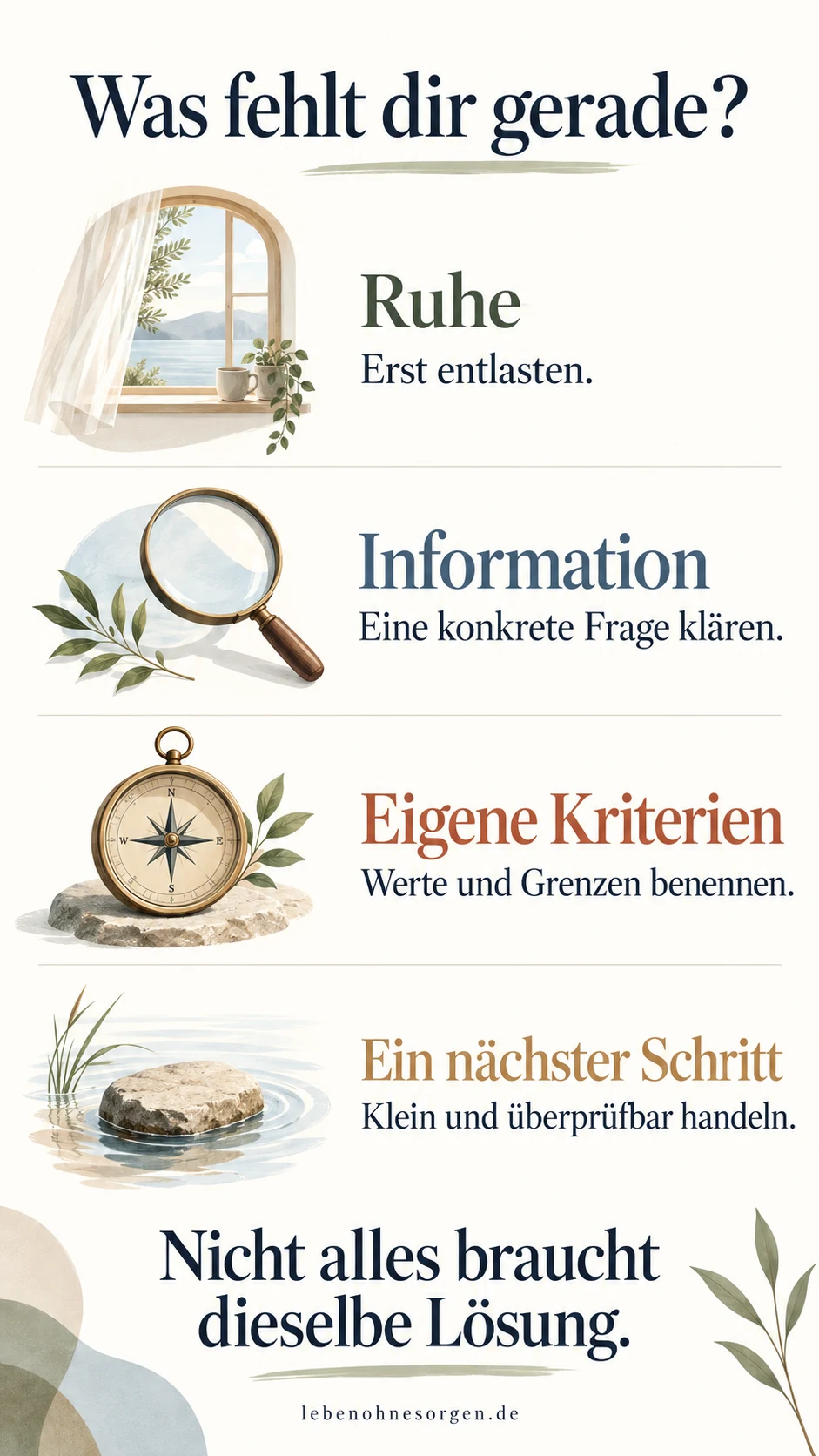 Klarheit im Leben finden: Gedanken sortieren und Entscheidungen treffen Vier mögliche Bedürfnisse bei Unklarheit: Ruhe, Information, eigene Kriterien und ein nächster Schritt
