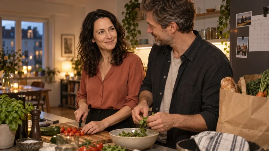 Paar bereitet nach einem langen Tag gemeinsam das Abendessen vor