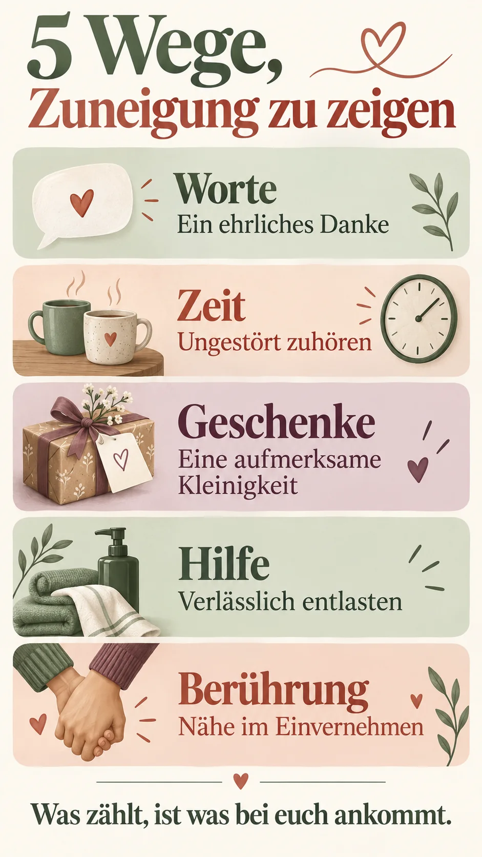Infografik: fünf Wege, Zuneigung zu zeigen, mit konkreten Beispielen