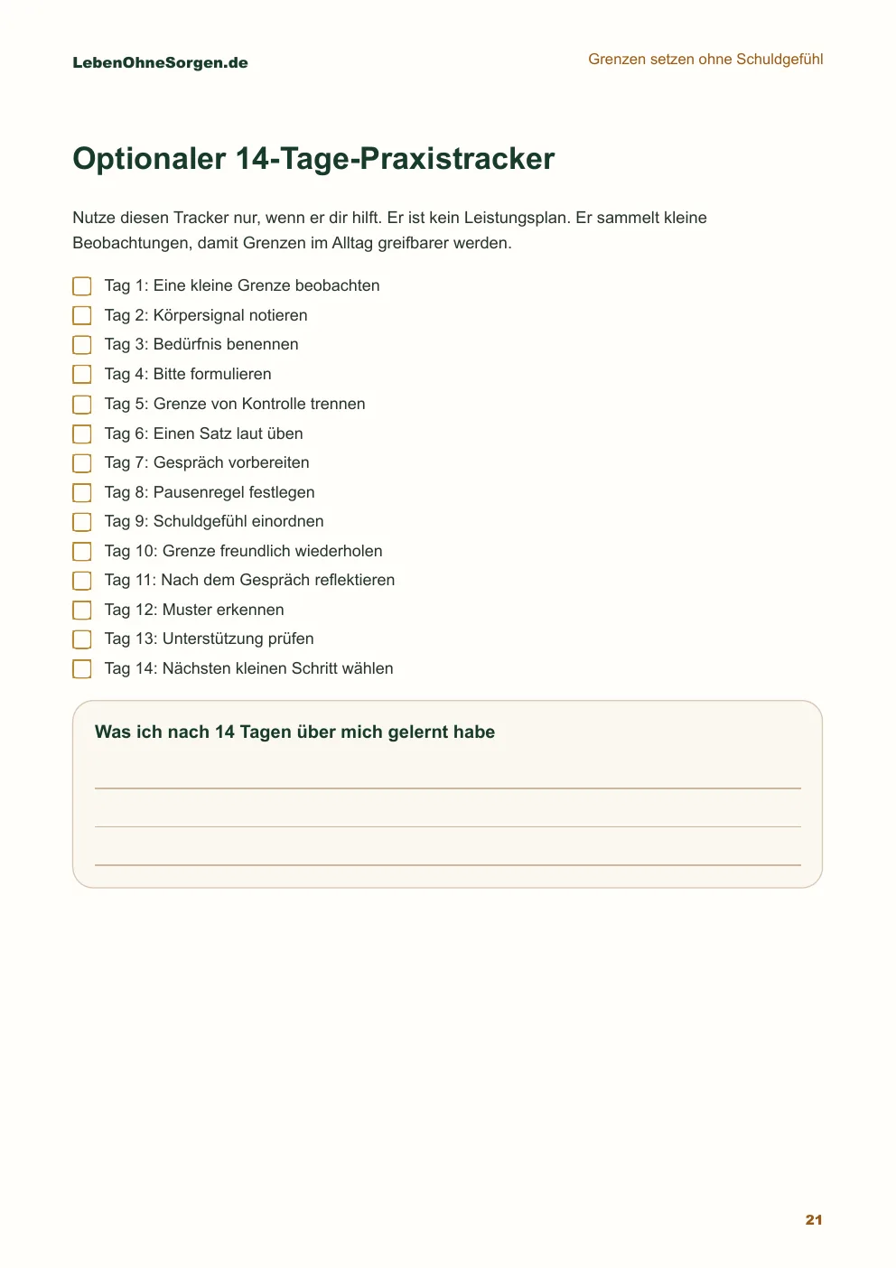 Workbook-Vorschau des optionalen 14-Tage-Praxistrackers