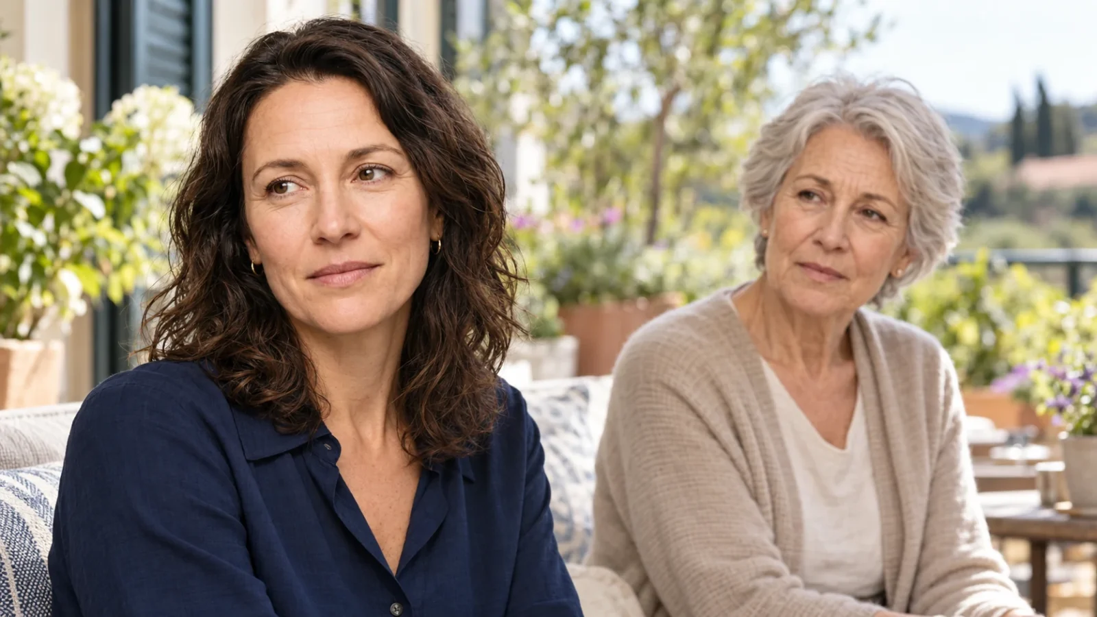 Erwachsene Tochter und ältere Mutter in einem ruhigen Moment auf einer Terrasse