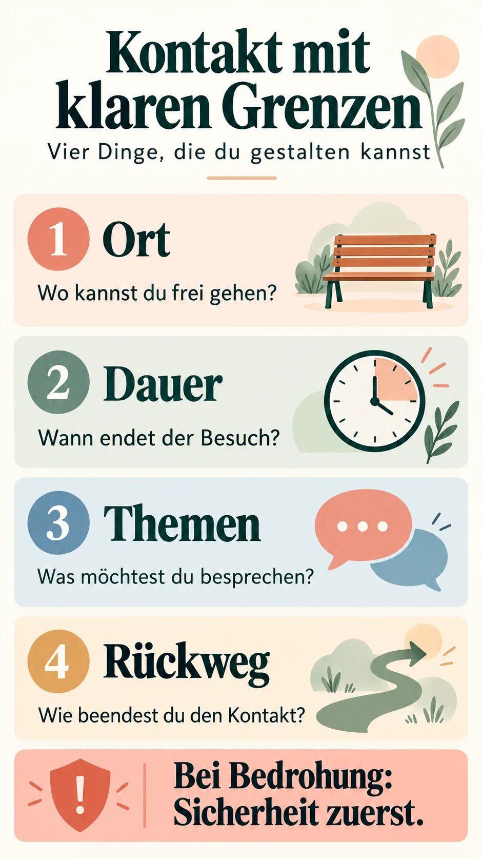 Vier Möglichkeiten, Kontakt zu gestalten: Ort, Dauer, Themen und eigener Rückweg