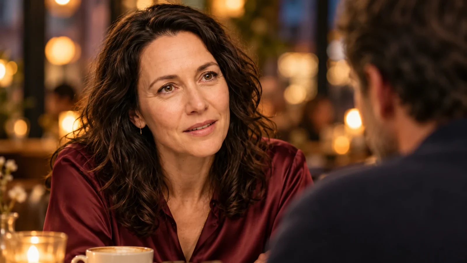 Unangenehme Fragen fürs dritte Date: 15 Fragen ohne Verhör Mara stellt ihrem Date im warmen Cafélicht eine ehrliche Frage; ihr Blick zeigt Nervosität und Hoffnung
