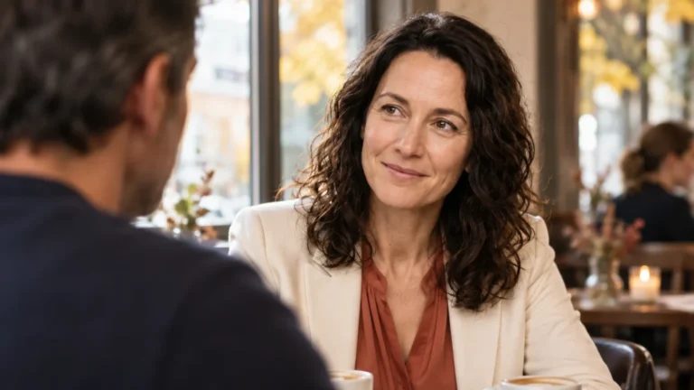 Ist sie in mich verliebt? Test, Signale und dein nächster Schritt Eine Frau begegnet ihrem Gegenüber im Café mit einem vorsichtigen Lächeln