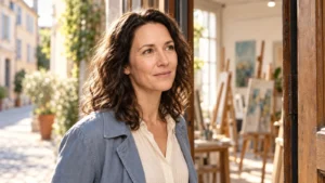 Eine Frau blickt neugierig in ein offenes Atelier