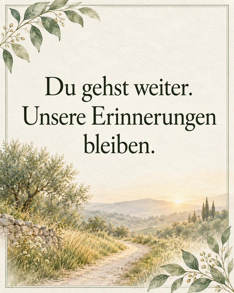 Abschiedssprüche Helle botanische Spruchkarte: Du gehst weiter. Unsere Erinnerungen bleiben.