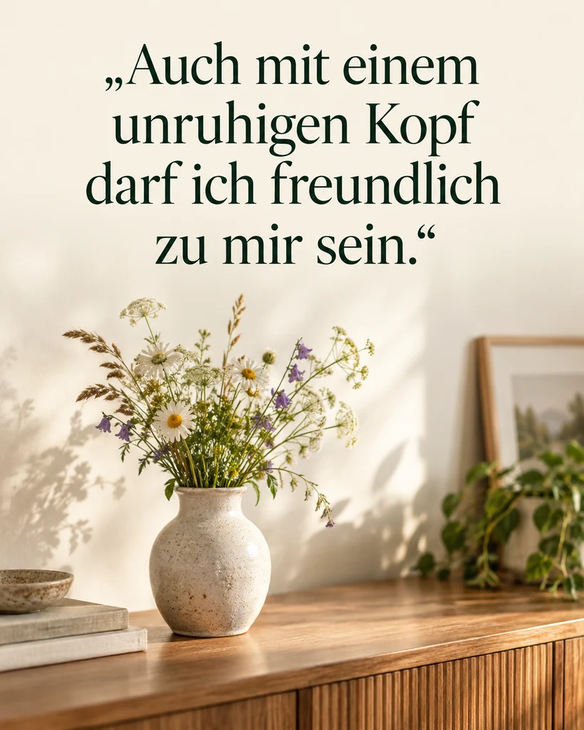 Freundlich mit dir selbst umgehen: Auch mit einem unruhigen Kopf darf ich freundlich zu mir sein.