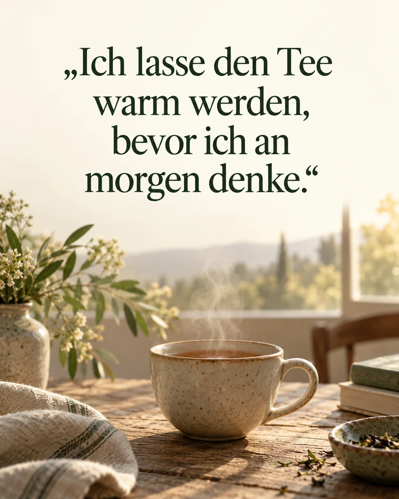 Sprüche über das Hier und Jetzt: Ich lasse den Tee warm werden, bevor ich an morgen denke.