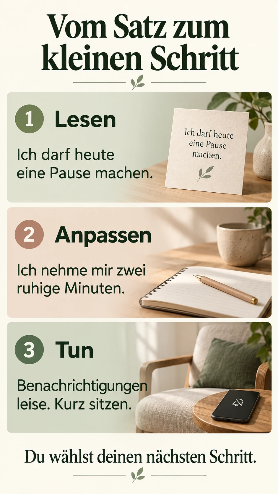 Beispiel: eine Pause erlauben, zwei ruhige Minuten wählen, Benachrichtigungen leise stellen und kurz sitzen