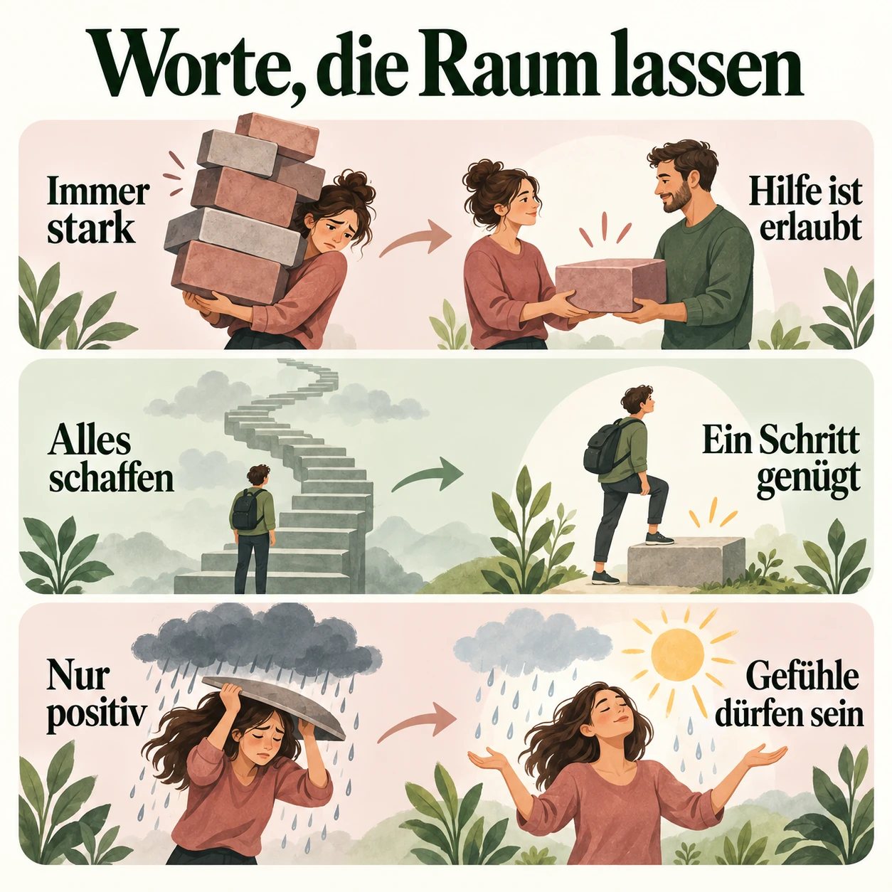 Drei bildhafte Alternativen: Hilfe ist erlaubt, ein Schritt genügt und Gefühle dürfen sein