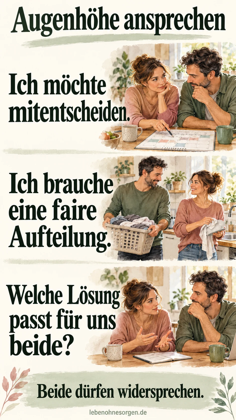 Drei Gesprächssätze: Ich möchte mitentscheiden. Ich brauche eine faire Aufteilung. Welche Lösung passt für uns beide?