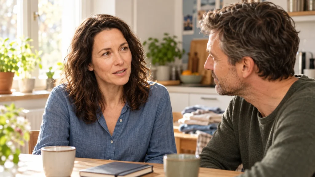 Mara und ihr Partner besprechen eine gemeinsame Entscheidung am Küchentisch