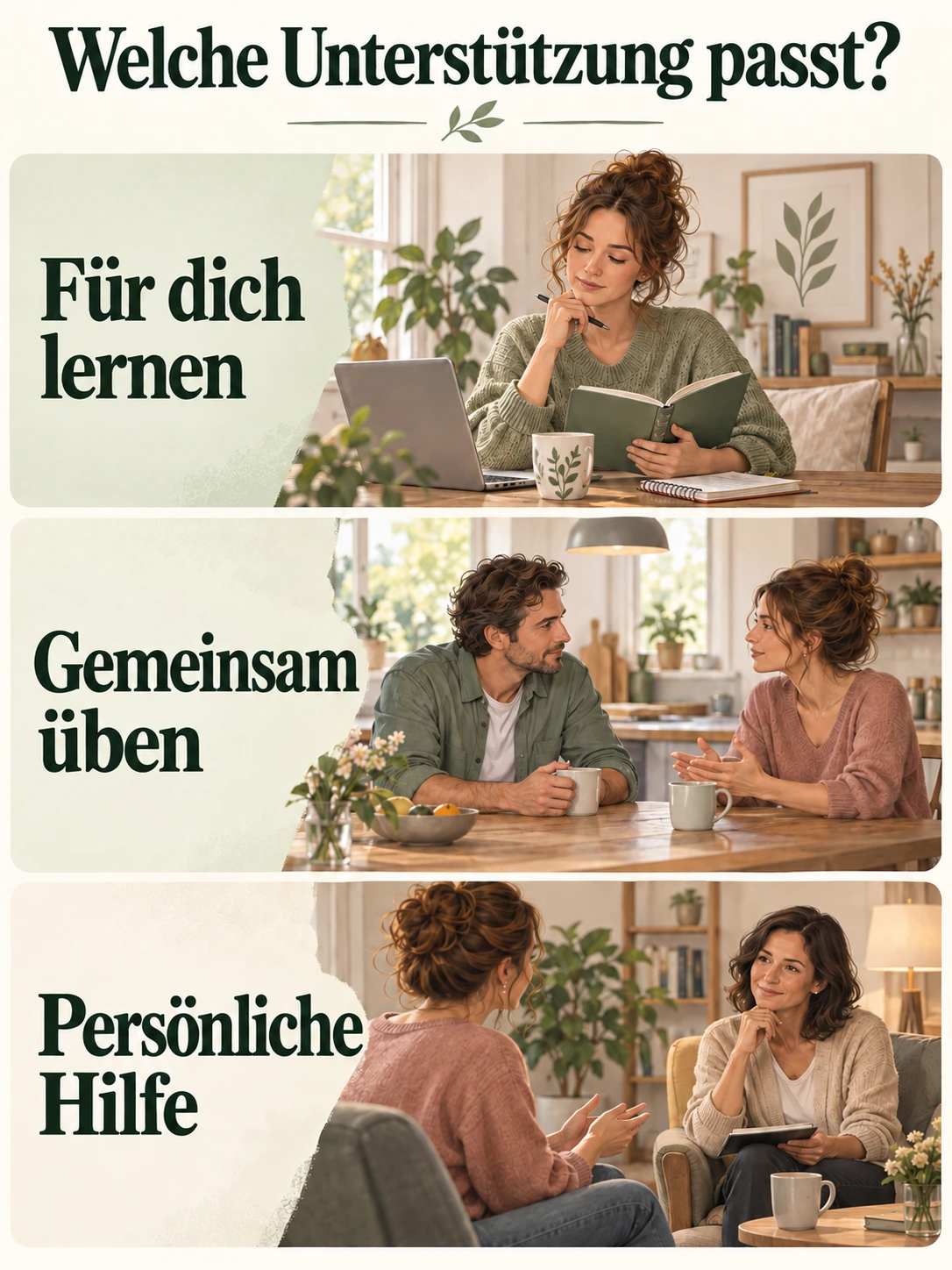 Drei unterschiedliche Wege: für dich lernen, gemeinsam üben oder persönliche Hilfe nutzen