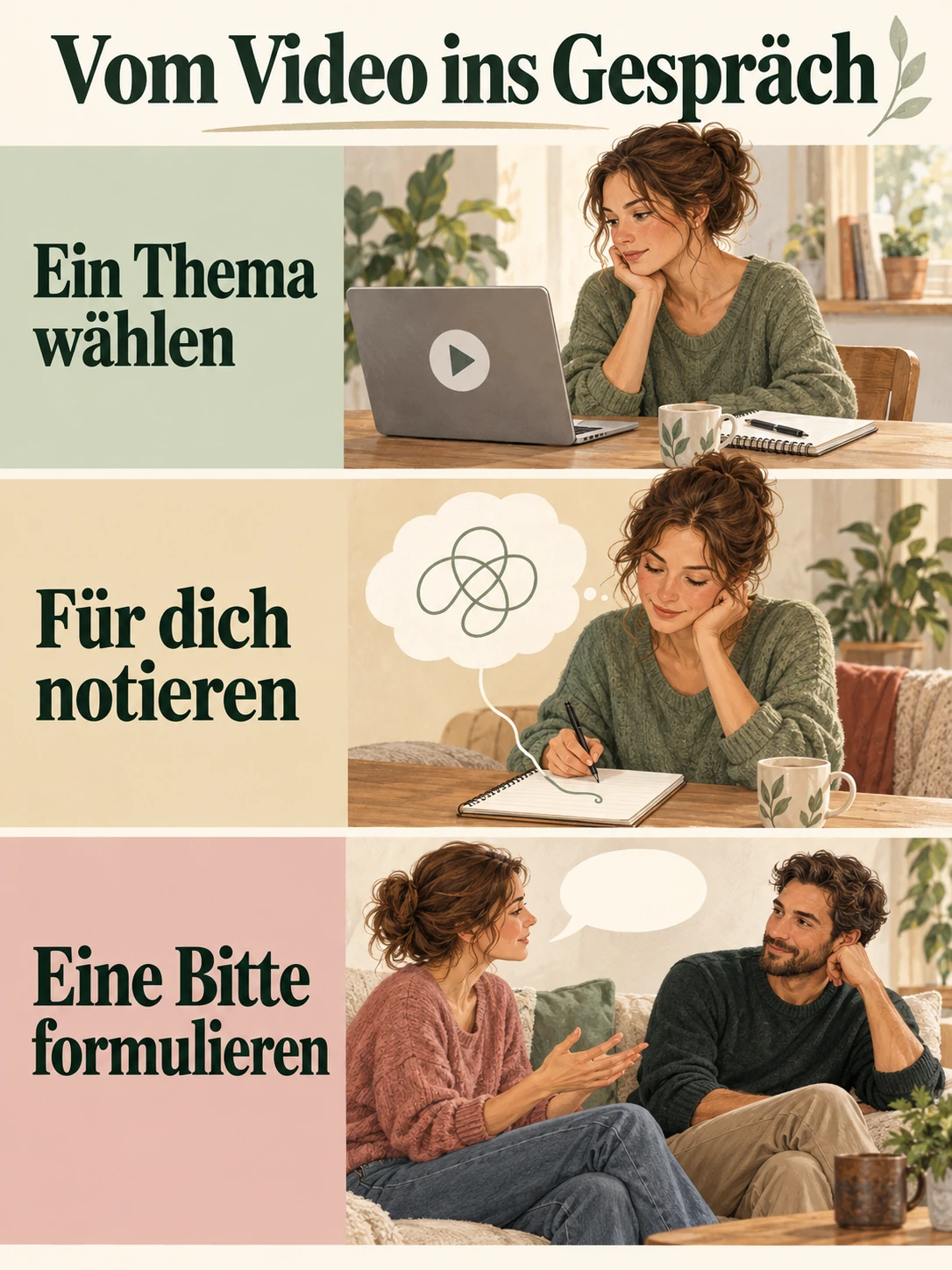 Drei Schritte als Lernidee: ein Thema wählen, für dich notieren und eine konkrete Bitte formulieren