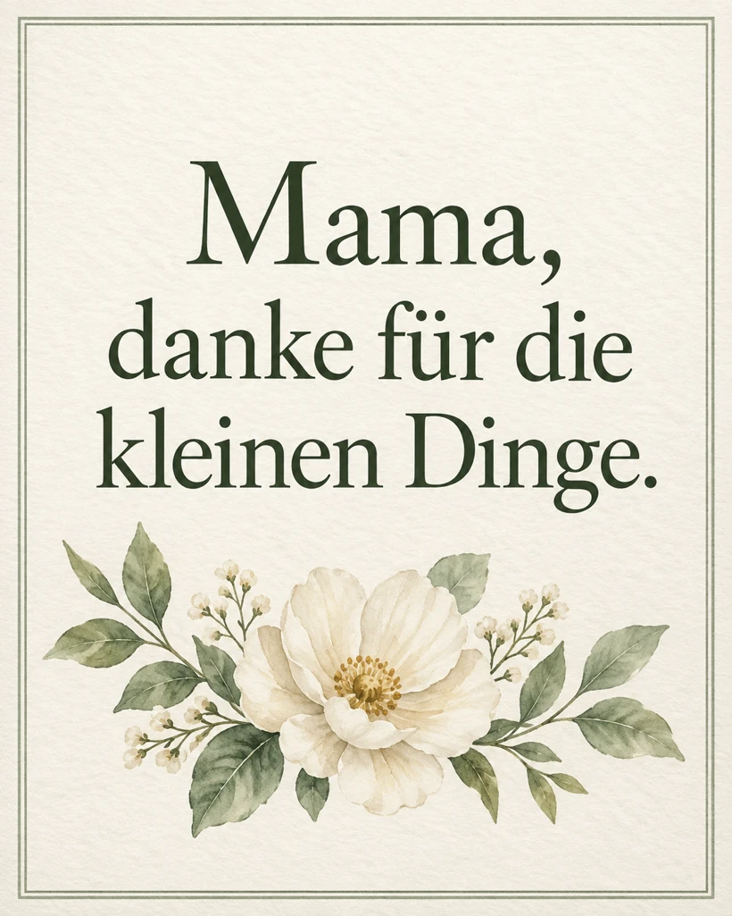 Danke Mama Sprüche Helle Spruchkarte mit einer zarten Blume: Mama, danke für die kleinen Dinge.