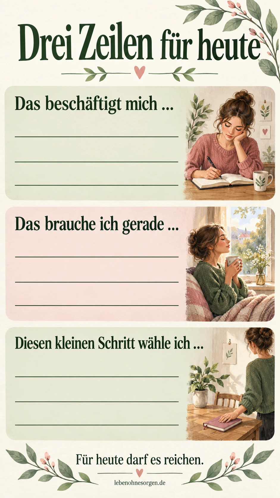 Innere Ruhe durch Selbstreflexion: Gedanken sortieren Schreibvorlage: Das beschäftigt mich. Das brauche ich gerade. Diesen kleinen Schritt wähle ich. Für heute darf es reichen.