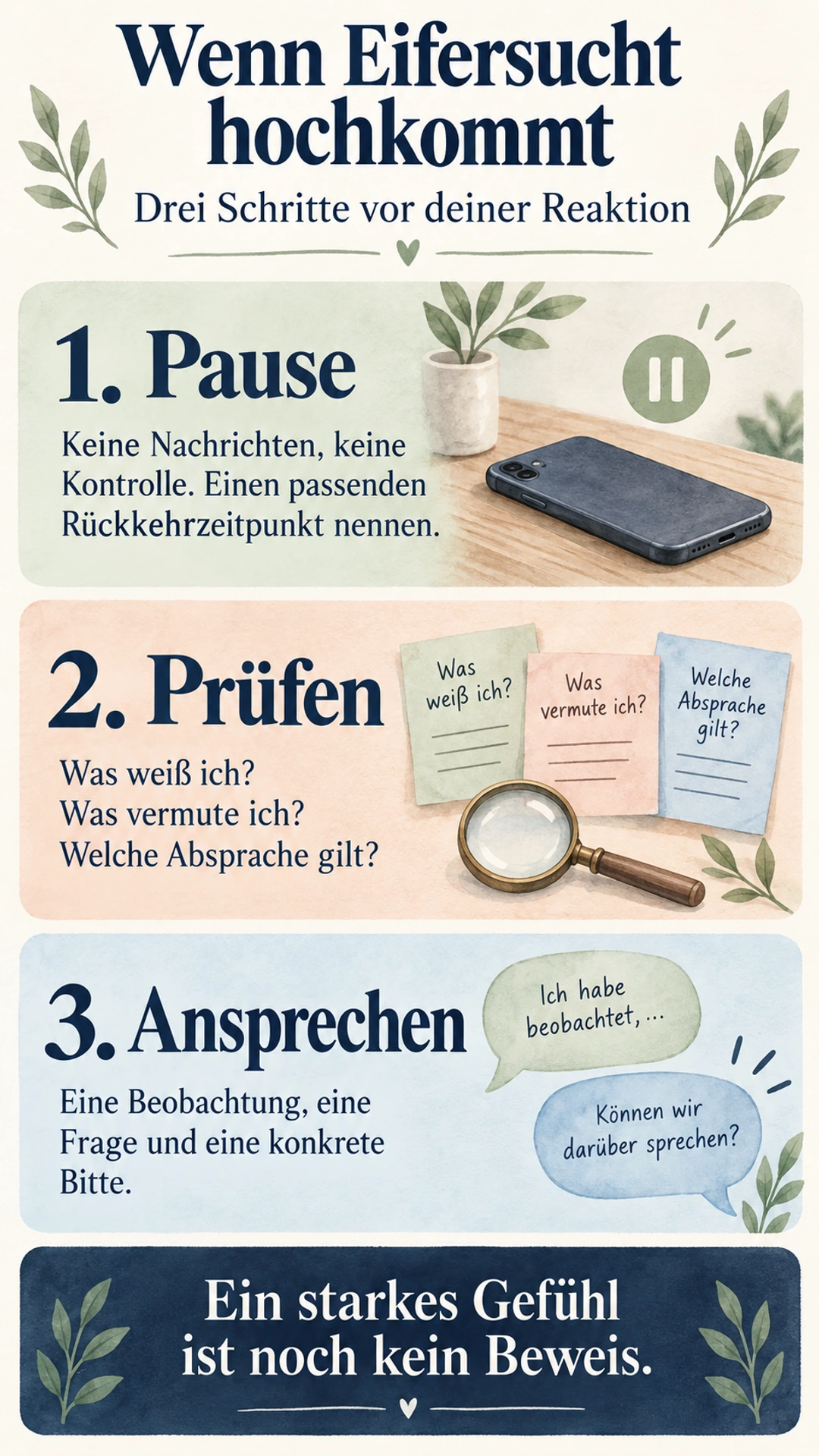 Eifersucht loswerden: 3 Schritte für den nächsten Moment Drei Schritte vor einer Reaktion aus Eifersucht: Pause, Prüfen und Ansprechen