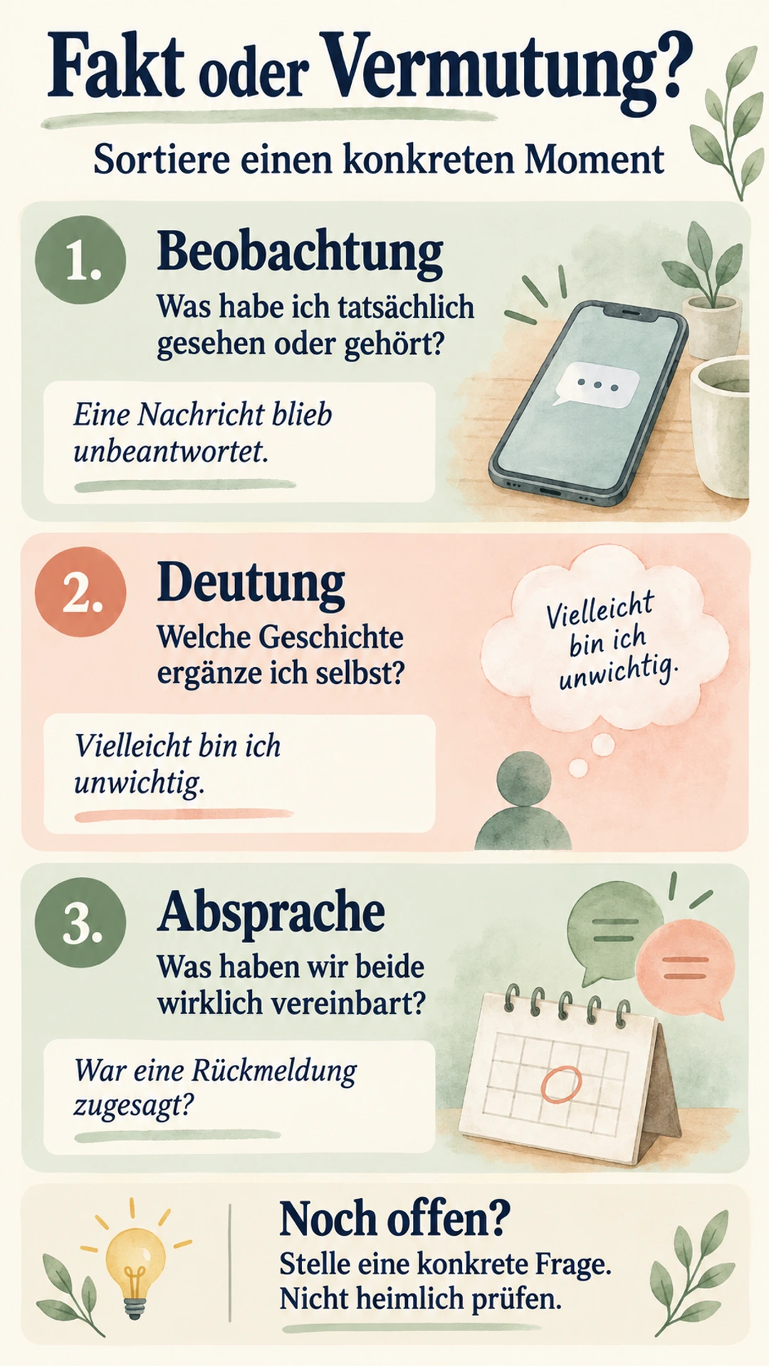 Eifersucht loswerden: 3 Schritte für den nächsten Moment Beobachtung, eigene Deutung und gemeinsame Absprache in einem Eifersuchtsmoment auseinanderhalten