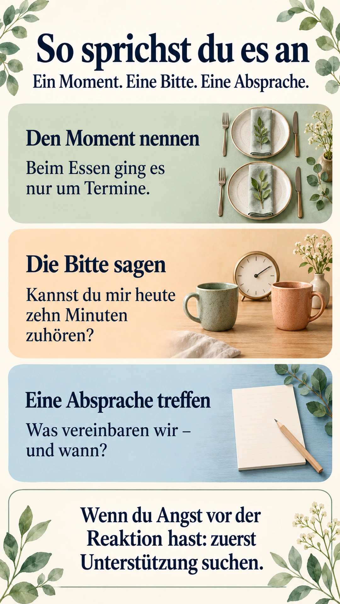 Einsam trotz Familie: wenn du dich nicht gesehen fühlst Gespräch vorbereiten: konkreten Moment nennen, Bitte sagen und Absprache treffen; bei Angst zuerst Unterstützung suchen
