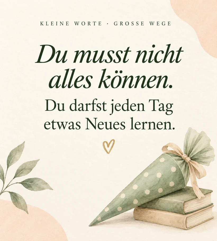 Glückwünsche zur Einschulung Du musst nicht alles können. Du darfst jeden Tag etwas Neues lernen. – Spruchkarte zur Einschulung
