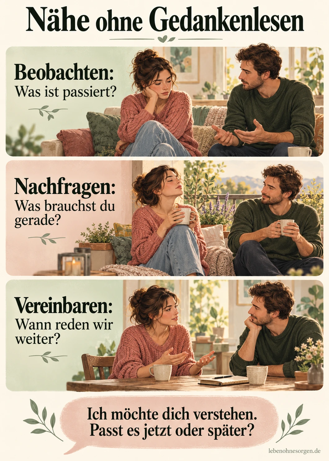 Emotionale Verfügbarkeit: Check für Nähe und Ansprechbarkeit Nähe ohne Gedankenlesen. Beobachten: Was ist passiert? Nachfragen: Was brauchst du gerade? Vereinbaren: Wann reden wir weiter?