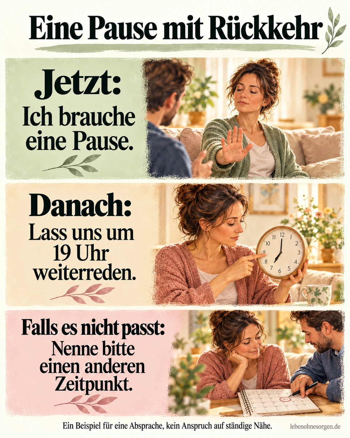 Emotionale Verfügbarkeit: Check für Nähe und Ansprechbarkeit Eine Pause mit Rückkehr. Jetzt: Ich brauche eine Pause. Danach: Lass uns um 19 Uhr weiterreden. Falls es nicht passt: Nenne bitte einen anderen Zeitpunkt.