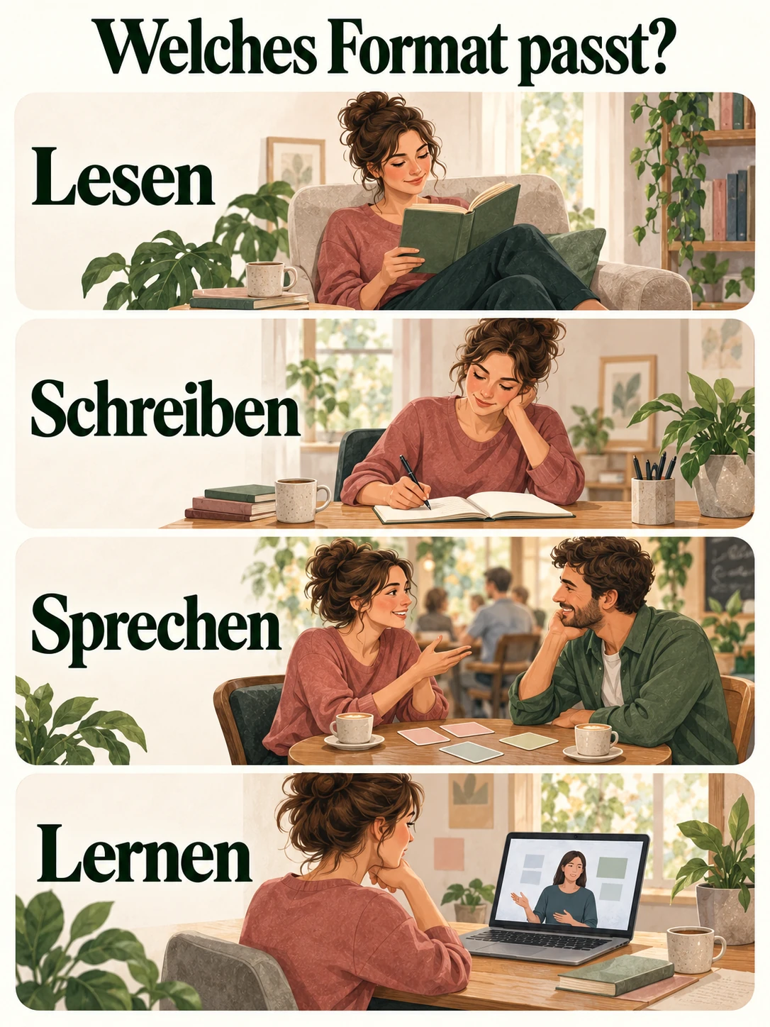 Empfehlungen: Bücher, Journals, Kurse und Werkzeuge Vier unterschiedliche Aufgaben: Lesen, Schreiben, Sprechen und Lernen